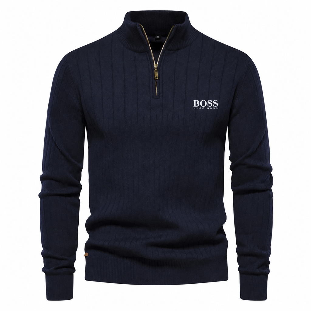 Men's Quarter Zip Ribbed Sweater, Stand Collar Long Sleeve Knit Pullover