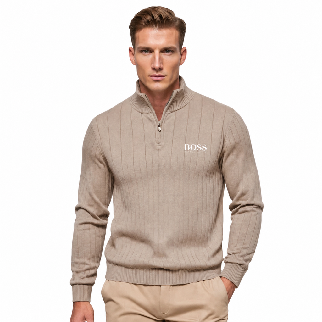 Men's Quarter Zip Ribbed Sweater, Stand Collar Long Sleeve Knit Pullover