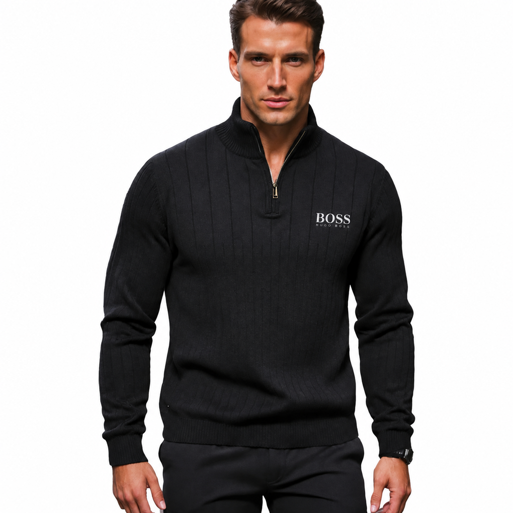 Men's Quarter Zip Ribbed Sweater, Stand Collar Long Sleeve Knit Pullover