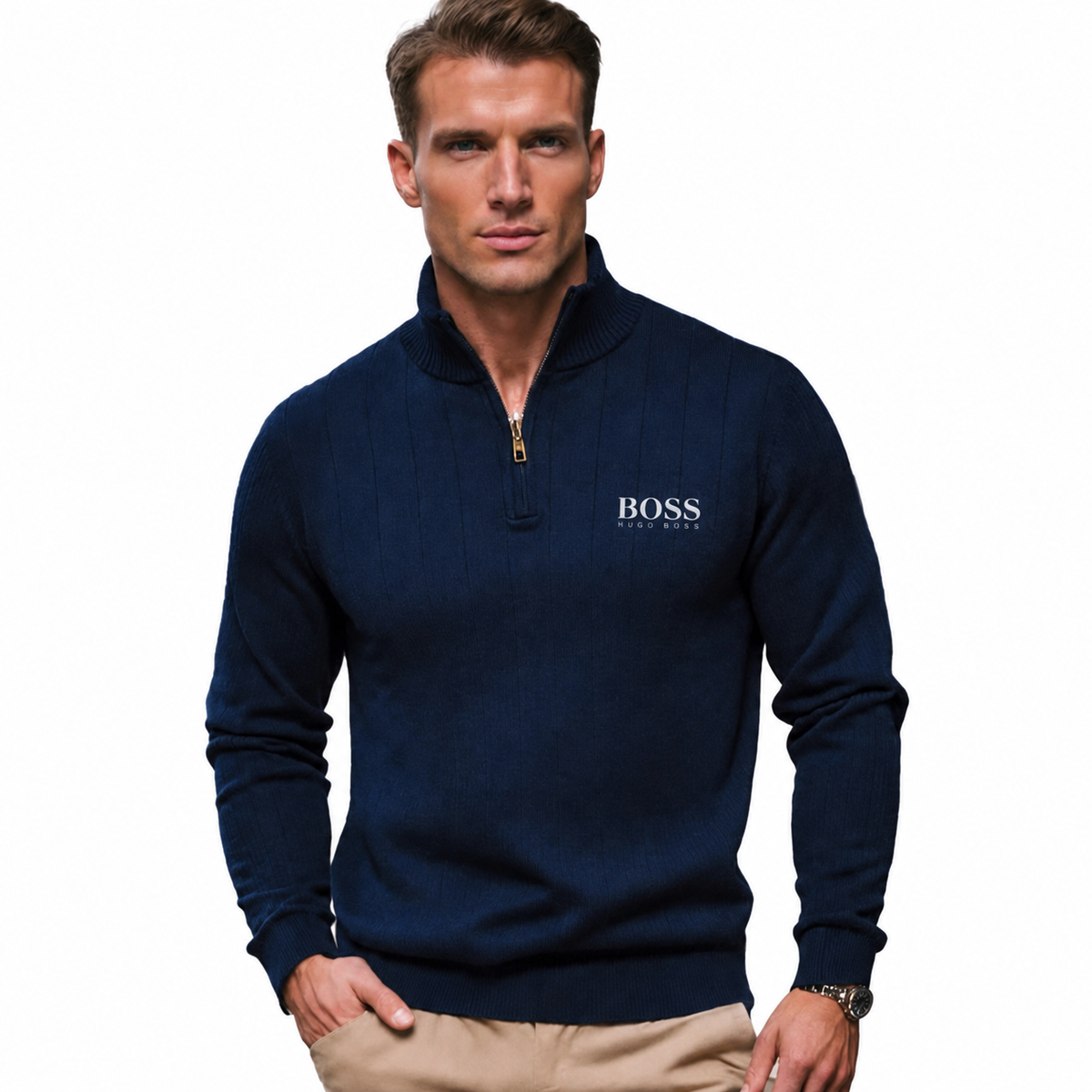 Men's Quarter Zip Ribbed Sweater, Stand Collar Long Sleeve Knit Pullover
