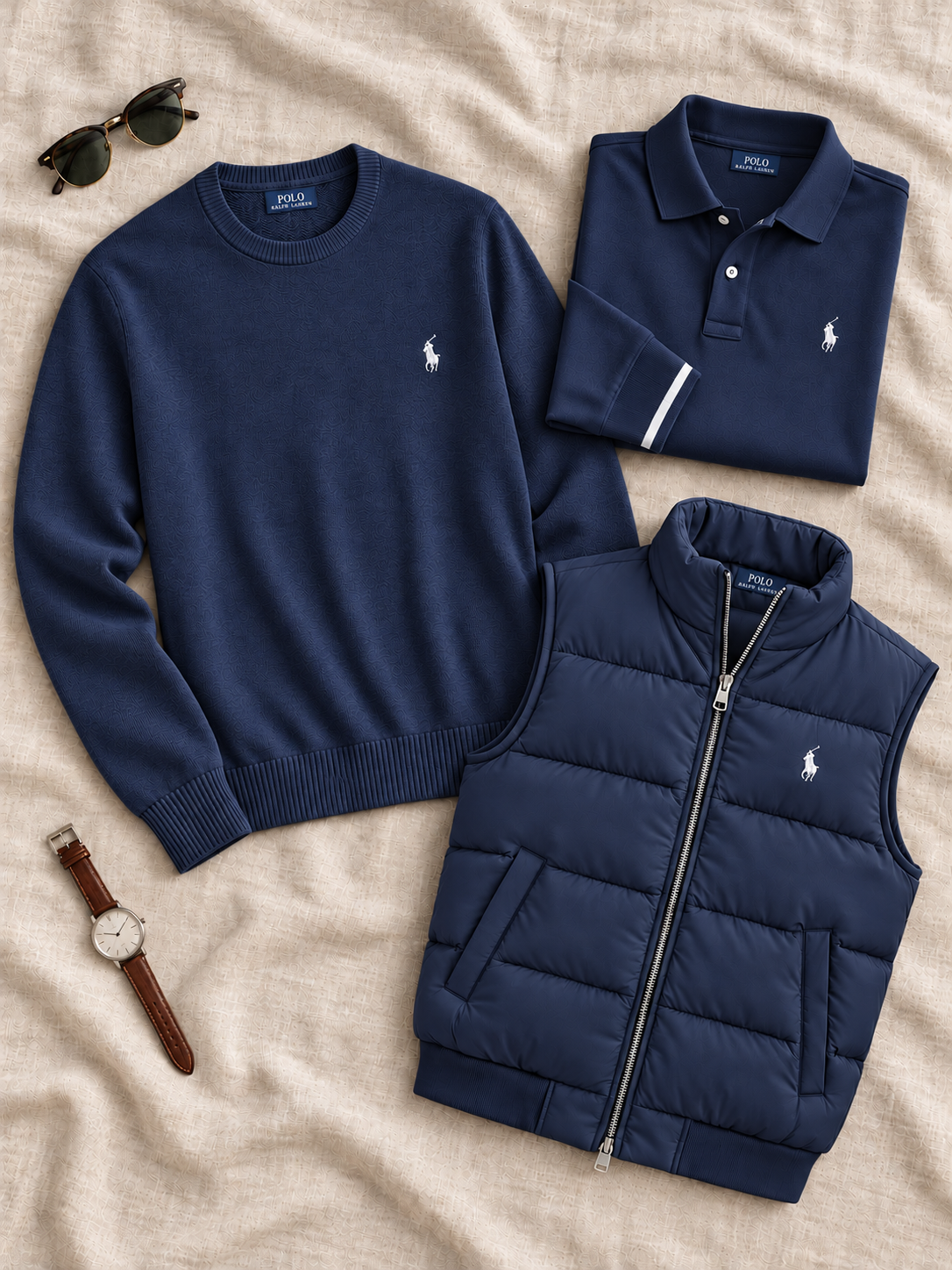 Men’s 3 Piece Outfit Set | Crew Neck Sweater, Polo Shirt & Puffer Vest